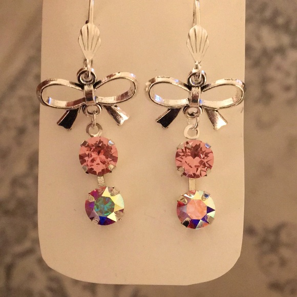 Rose + Aurora Borealis Crystal Bow Earrings - Picture 9 of 10